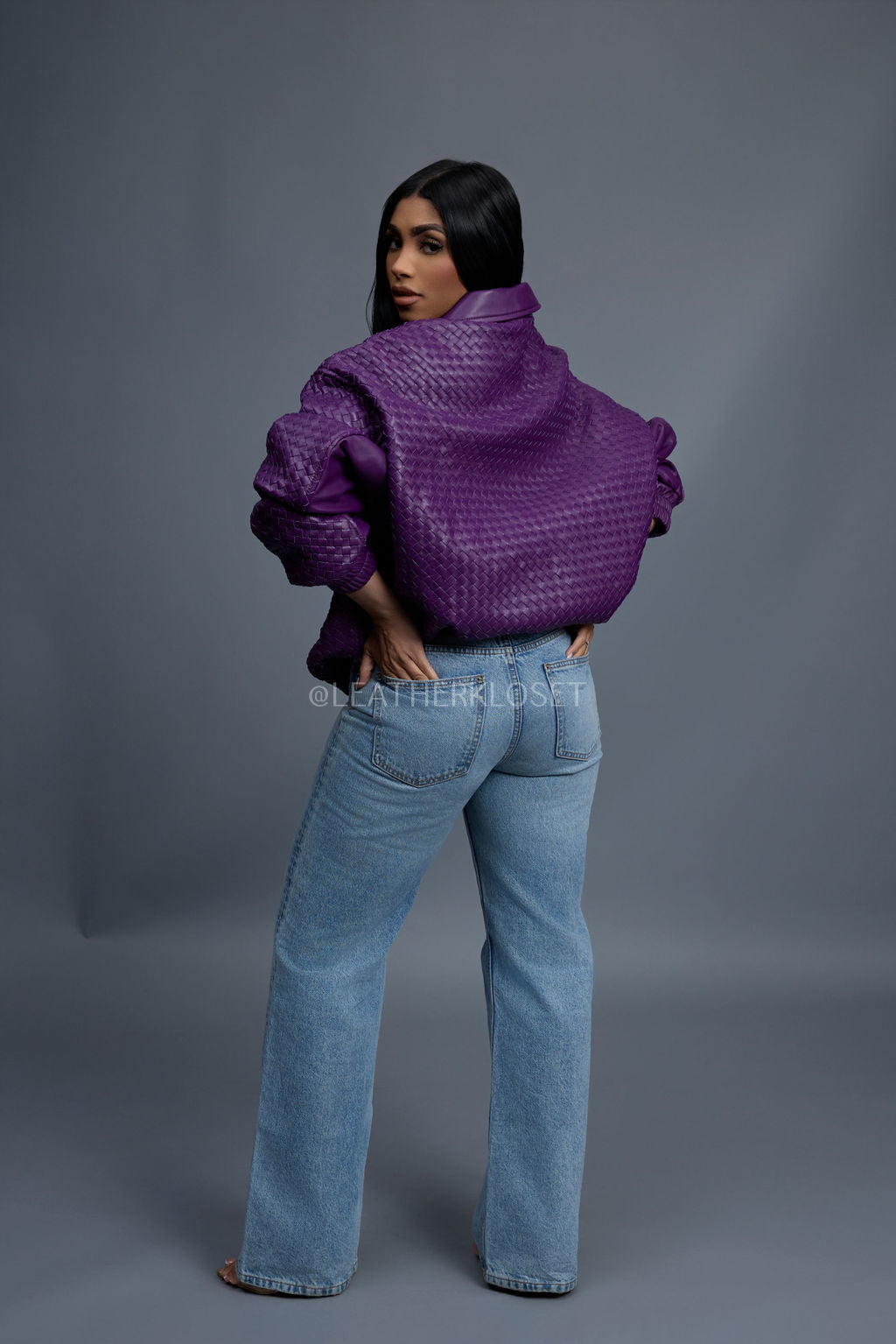 Women's Faris Braided Leather Bomber Jacket [Purple]