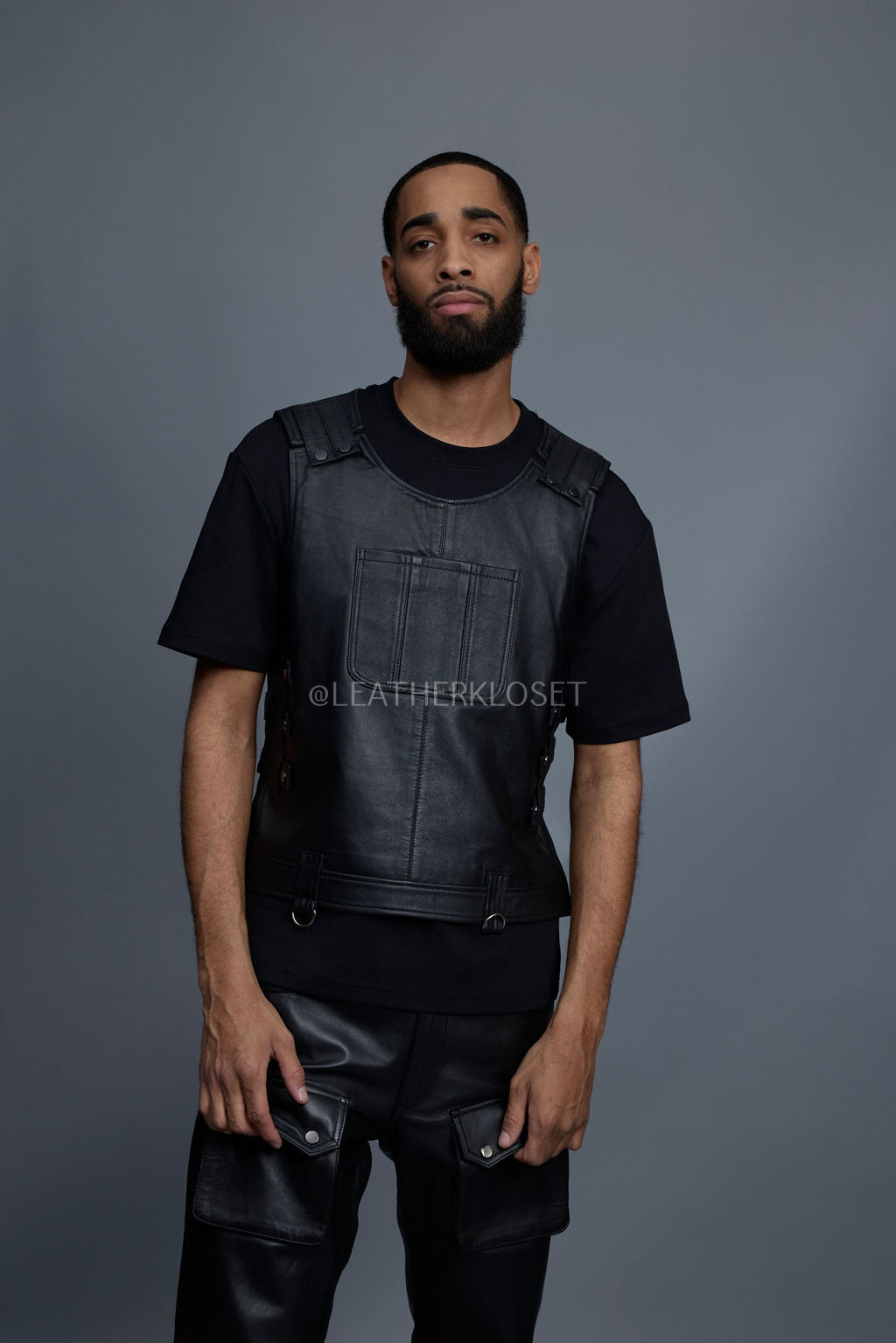 Men's Vegas Leather Vest With Leather Cargo Pants [Black]