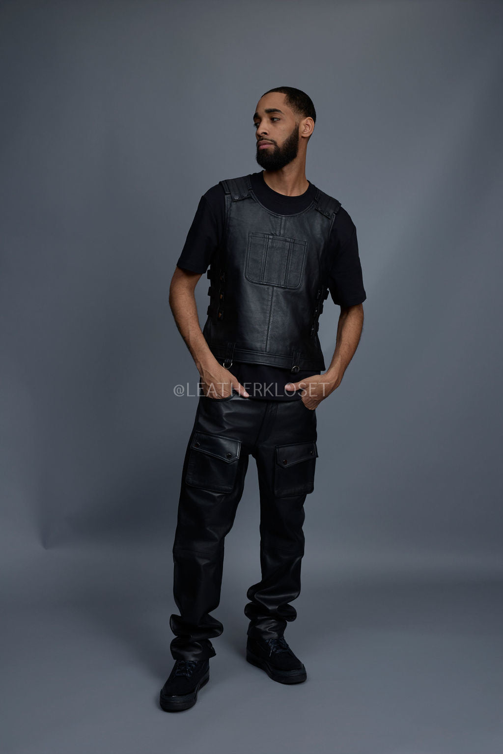 Men's Vegas Leather Vest With Leather Cargo Pants [Black]
