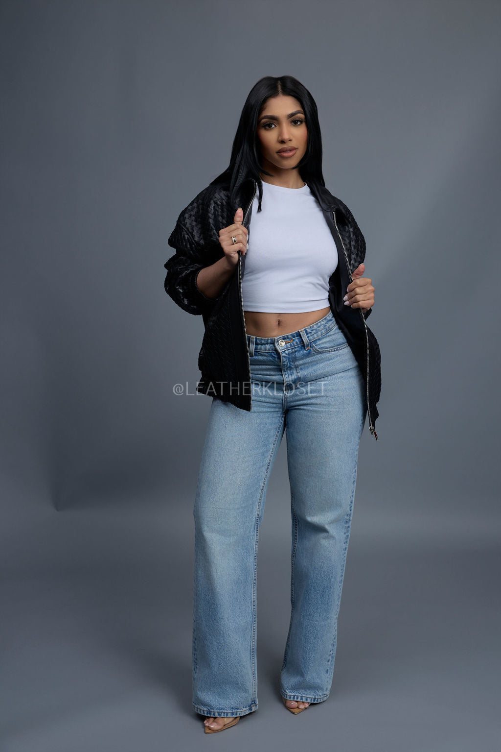 Women's Faris Braided Leather Bomber Jacket [Black]