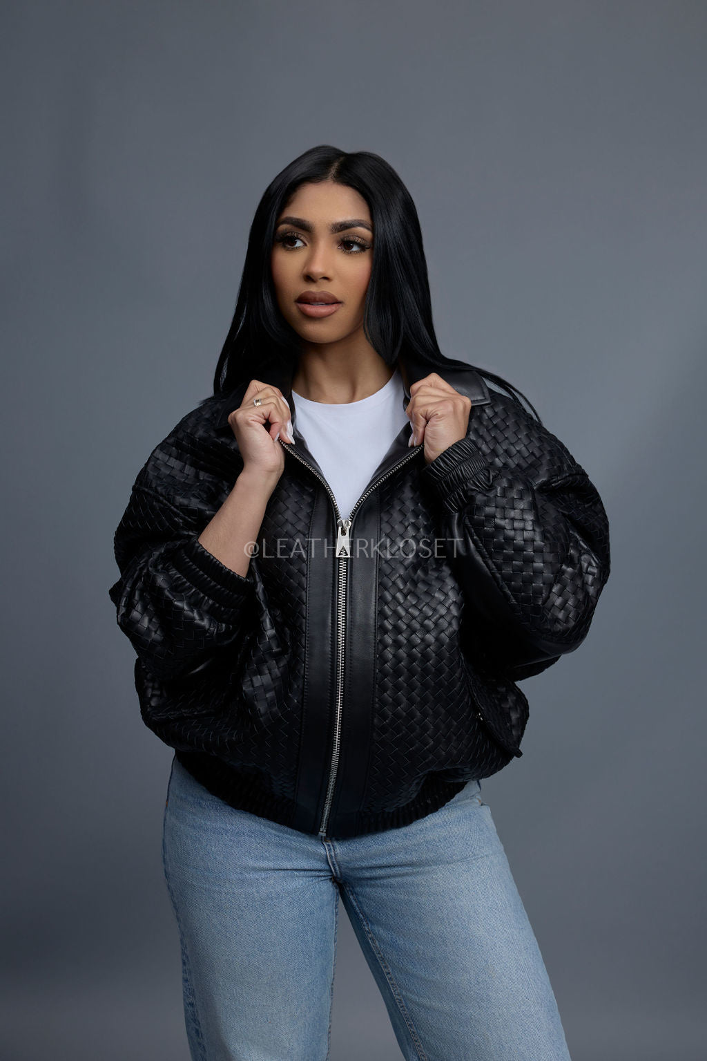 Women's Faris Braided Leather Bomber Jacket [Black]