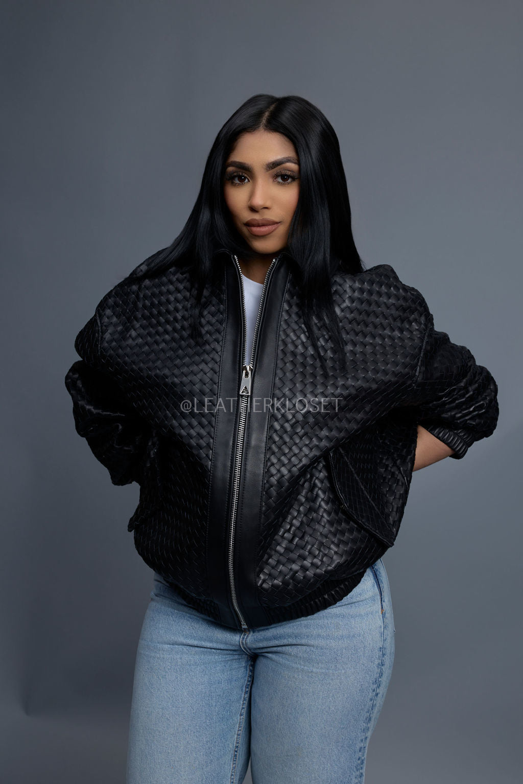 Women's Faris Braided Leather Bomber Jacket [Black]