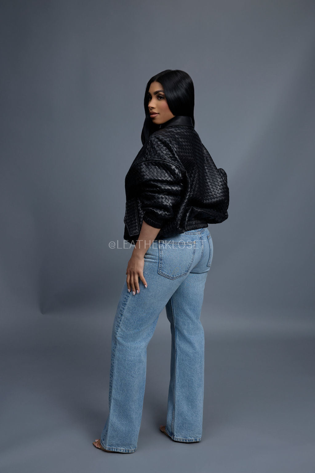 Women's Faris Braided Leather Bomber Jacket [Black]