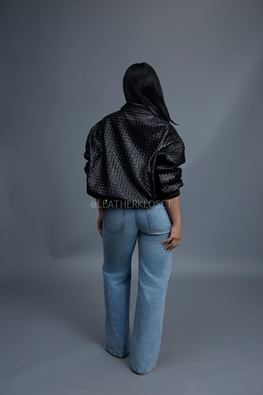 Women's Faris Braided Leather Bomber Jacket [Black]