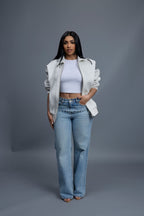 Women's Faris Braided Leather Bomber Jacket [White]