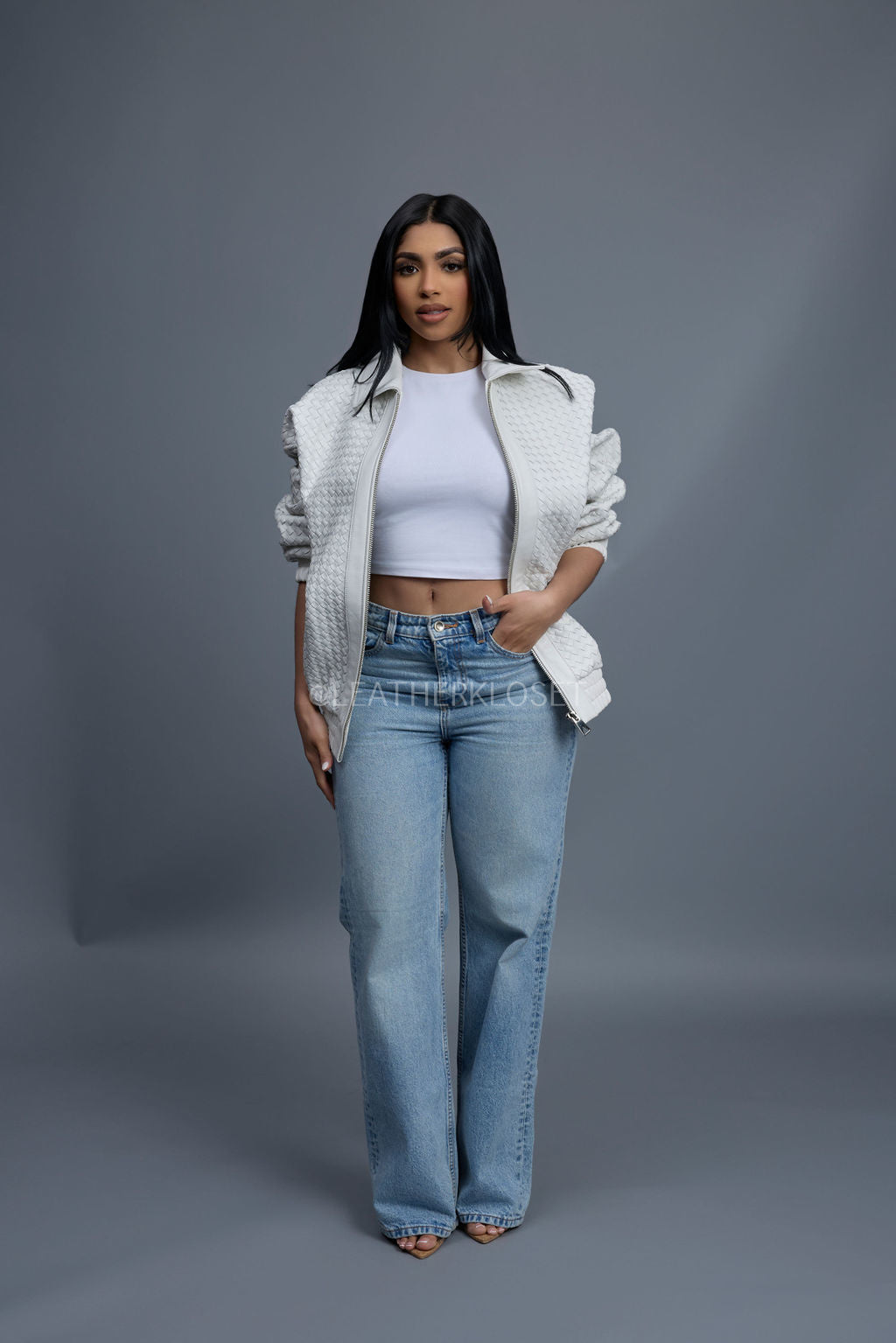 Women's Faris Braided Leather Bomber Jacket [White]