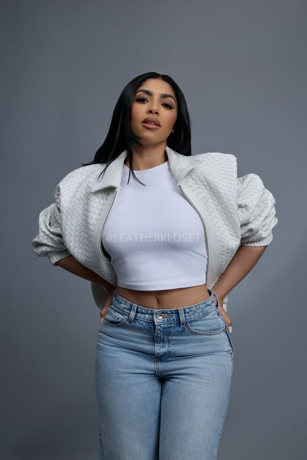 Women's Faris Braided Leather Bomber Jacket [White]