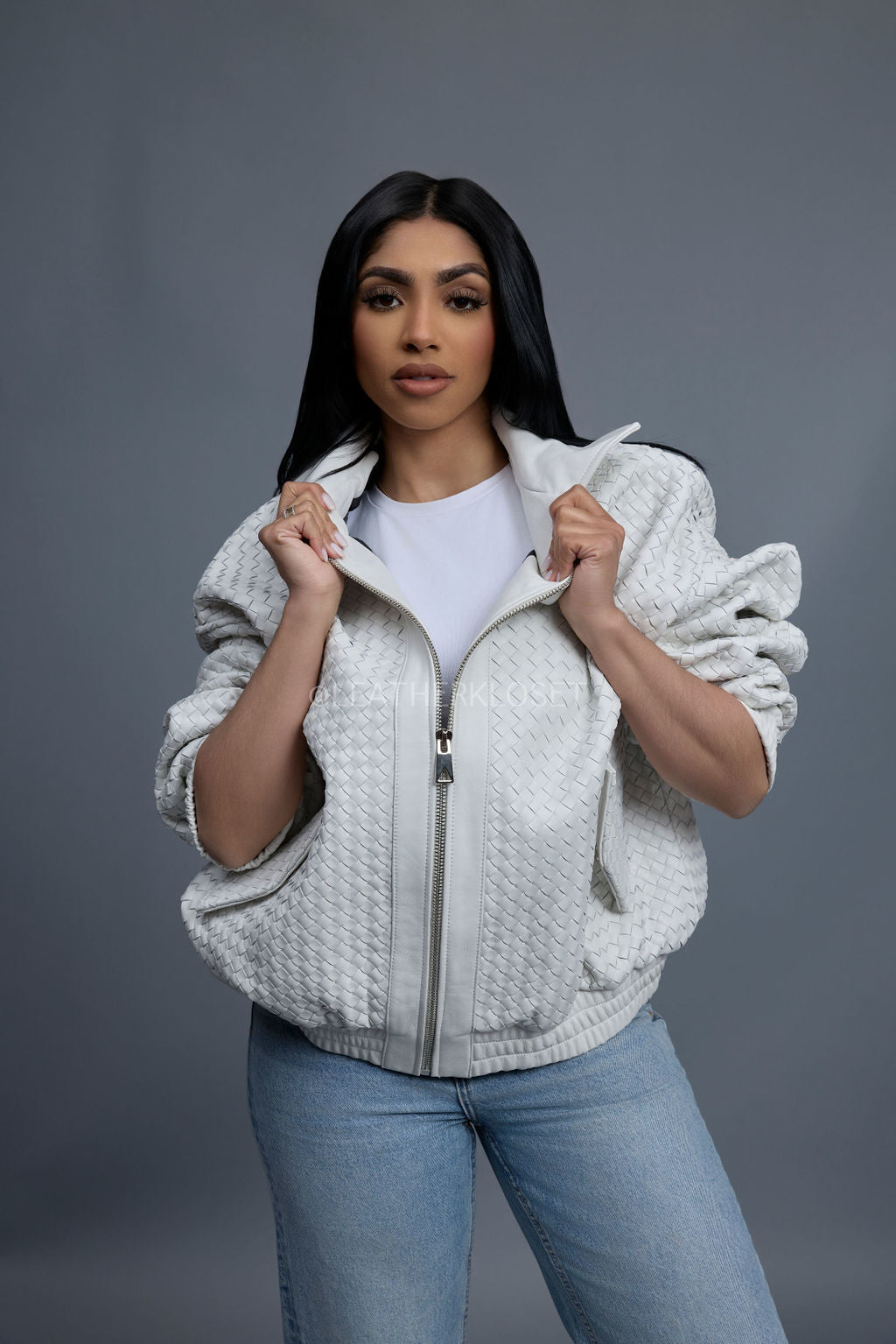 Women's Faris Braided Leather Bomber Jacket [White]