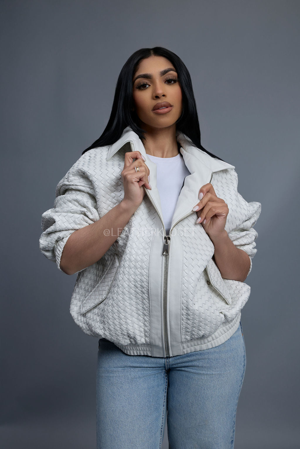 Women's Faris Braided Leather Bomber Jacket [White]