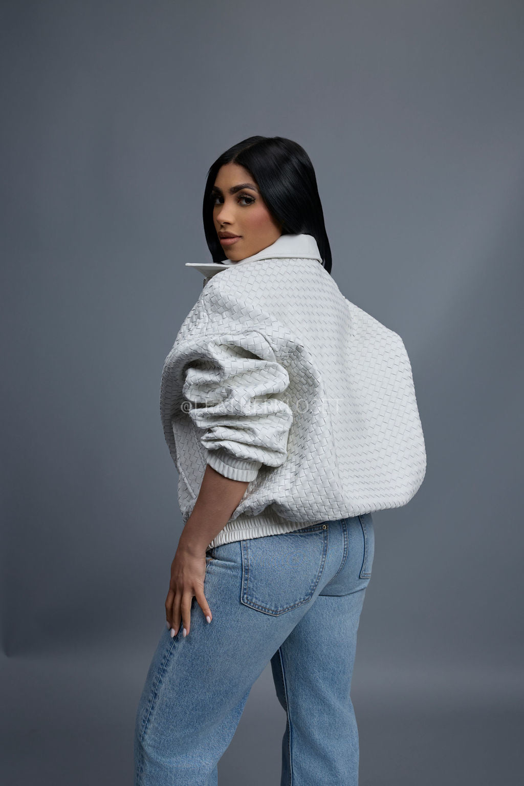 Women's Faris Braided Leather Bomber Jacket [White]