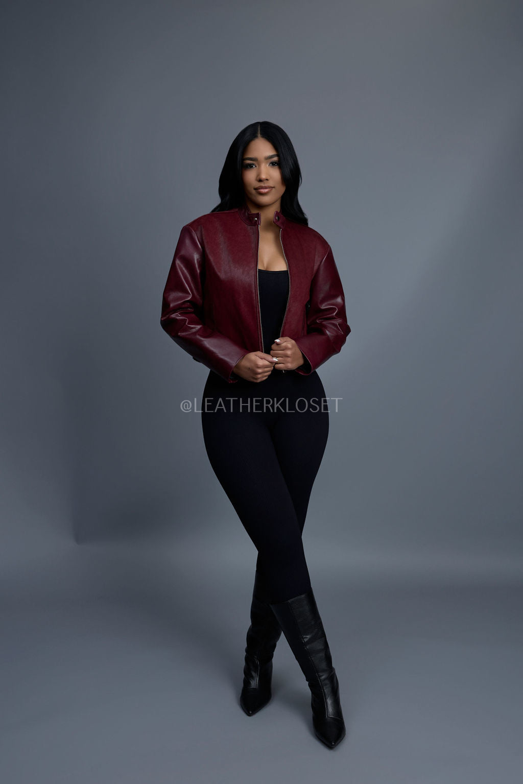Women's Pony And Leather Biker Jacket [Burgundy]