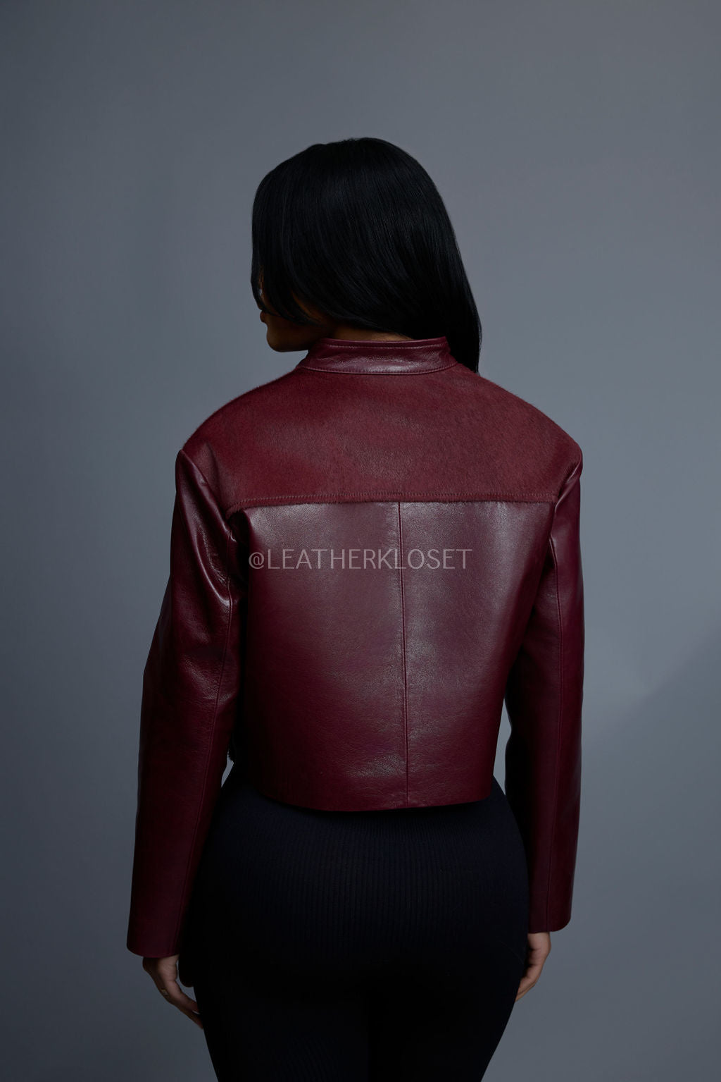 Women's Pony And Leather Biker Jacket [Burgundy]