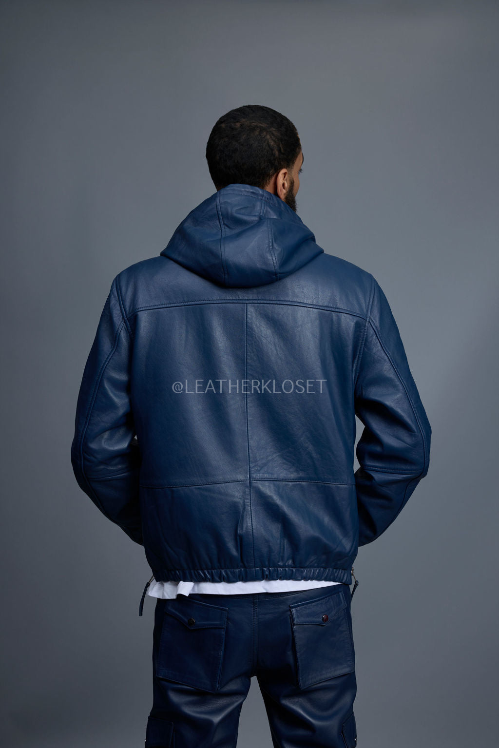 Men's Leather Hoodie [Navy Blue]