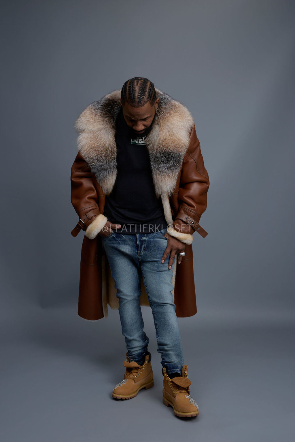 Men's Shearling Trench Coat With Fox [Tan]