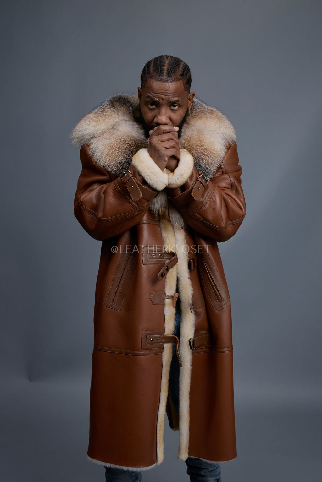 Men's Shearling Trench Coat With Fox [Tan]