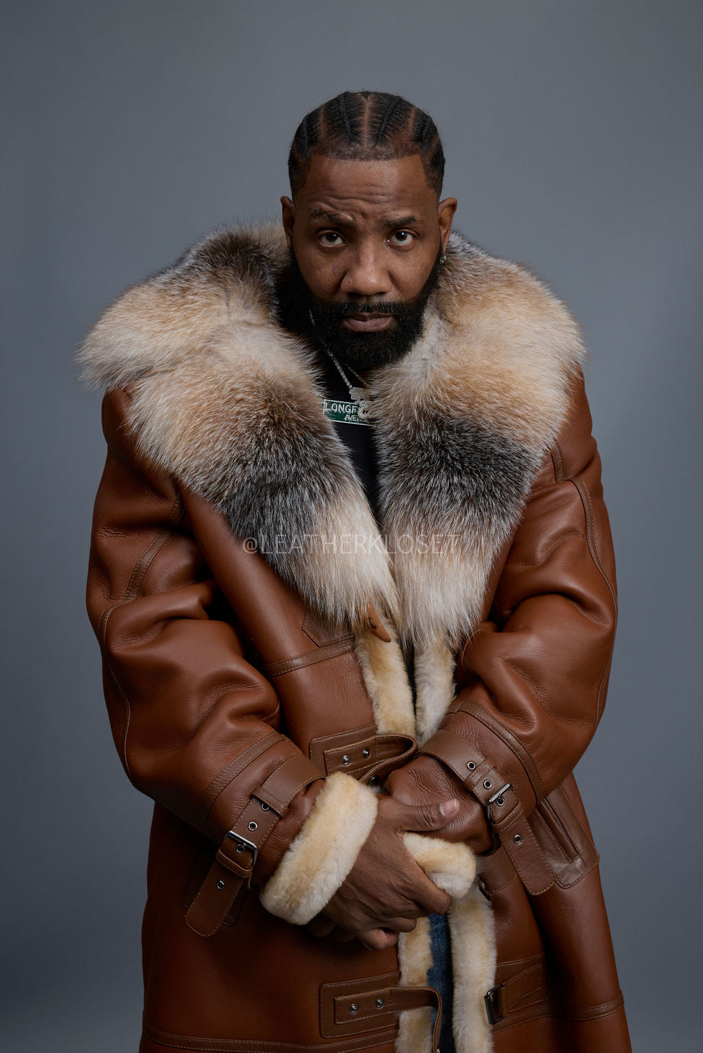 Men's Shearling Trench Coat With Fox [Tan]