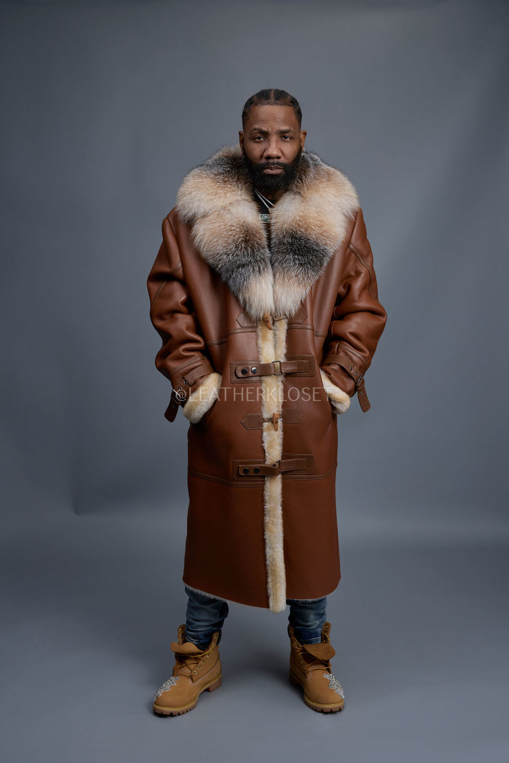 Men's Shearling Trench Coat With Fox [Tan]