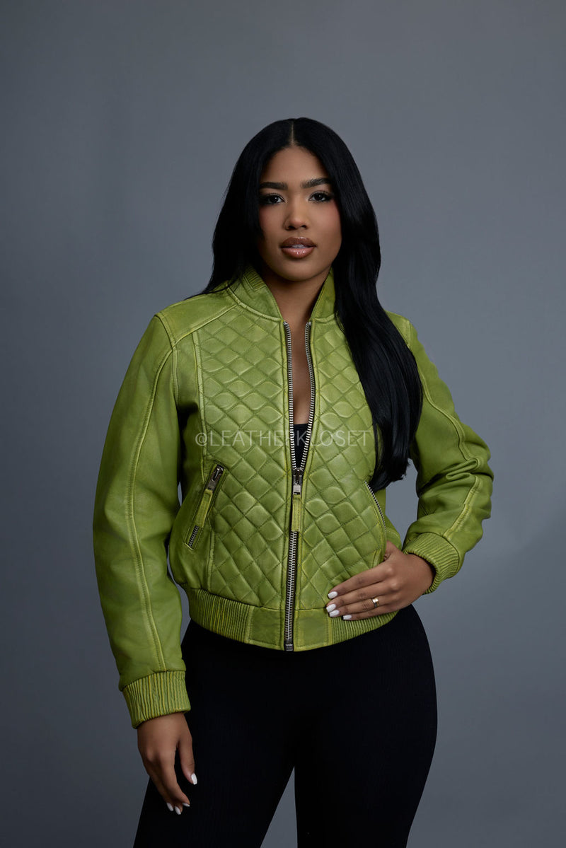 Women's Lucas Quilted Leather Jacket [Distressed Green]