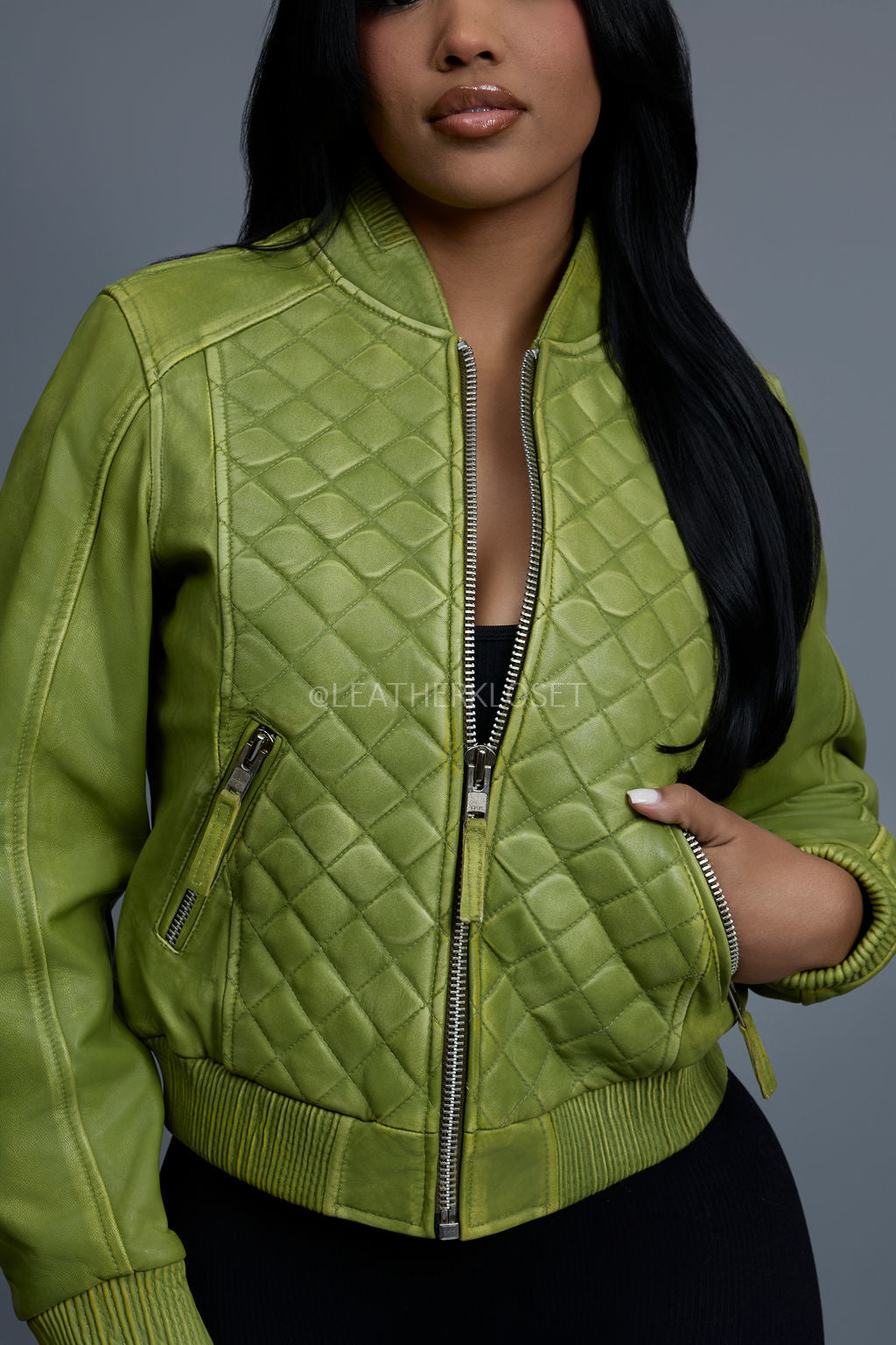Women's Lucas Quilted Leather Jacket [Distressed Green]