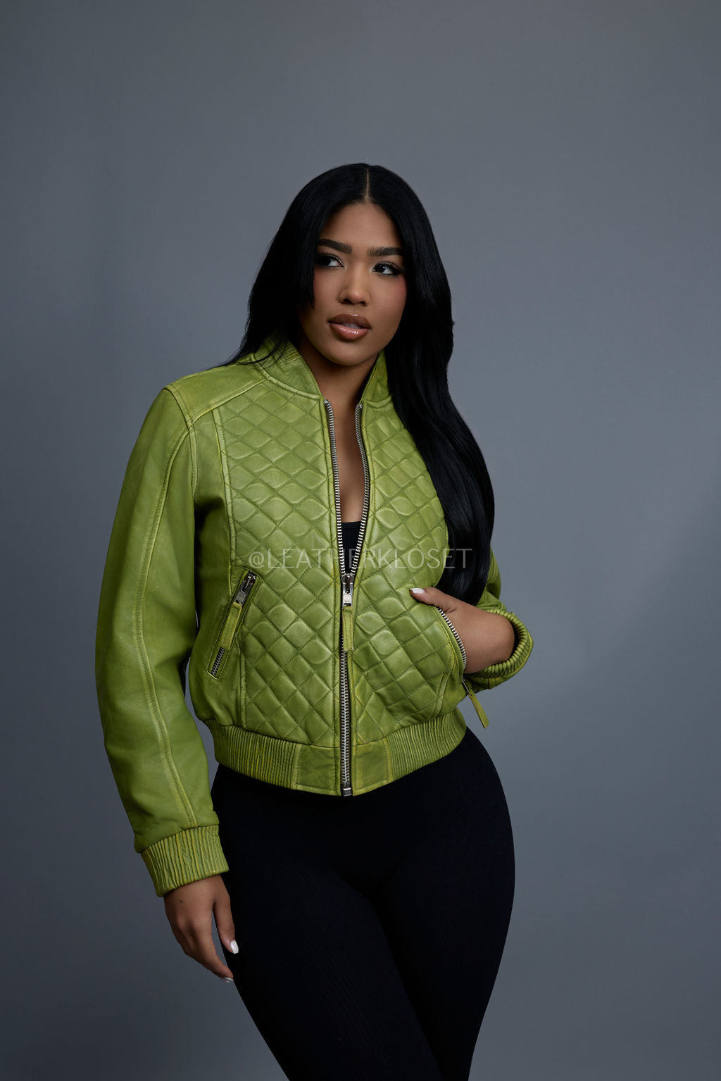 Women's Lucas Quilted Leather Jacket [Distressed Green]