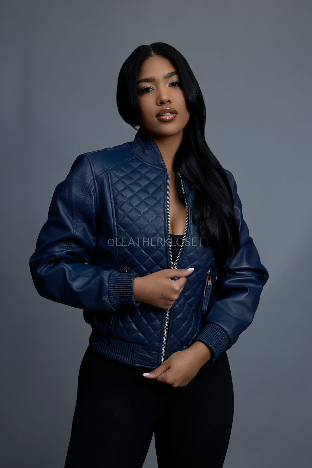 Women's Lucas Quilted Leather Jacket [Navy]