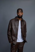 Men's Luka Leather Shirt And Stack Pants Set [Chocolate Brown]