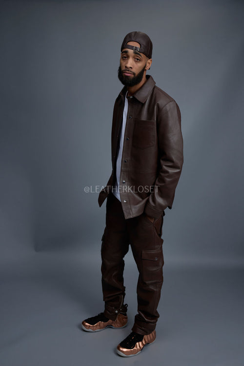 Men's Luka Leather Shirt And Stack Pants Set [Chocolate Brown]