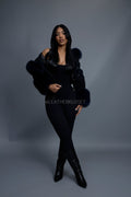 Women's Crop Persian Lamb Cleopatra Bomber With Hood [Navy/Navy]