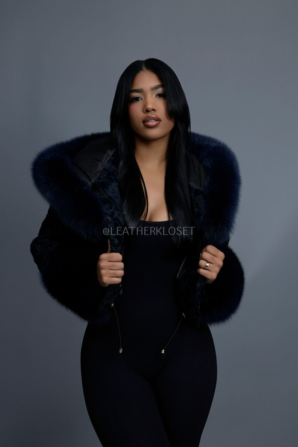 Women's Crop Persian Lamb Cleopatra Bomber With Hood [Navy/Navy]