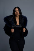 Women's Crop Persian Lamb Cleopatra Bomber With Hood [Navy/Navy]