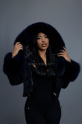 Women's Crop Persian Lamb Cleopatra Bomber With Hood [Navy/Navy]