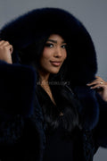 Women's Crop Persian Lamb Cleopatra Bomber With Hood [Navy/Navy]