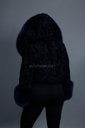 Women's Crop Persian Lamb Cleopatra Bomber With Hood [Navy/Navy]