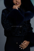 Women's Crop Persian Lamb Cleopatra Bomber With Hood [Navy/Navy]