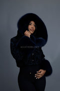 Women's Crop Persian Lamb Cleopatra Bomber With Hood [Navy/Navy]