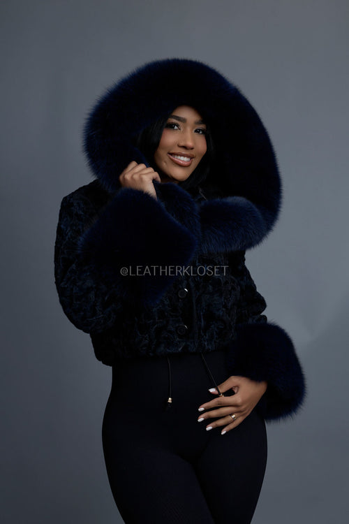 Women's Crop Persian Lamb Cleopatra Bomber With Hood [Navy/Navy]