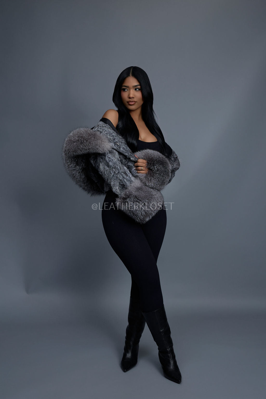 Women's Crop Persian Lamb Cleopatra Bomber With Hood [Grey]