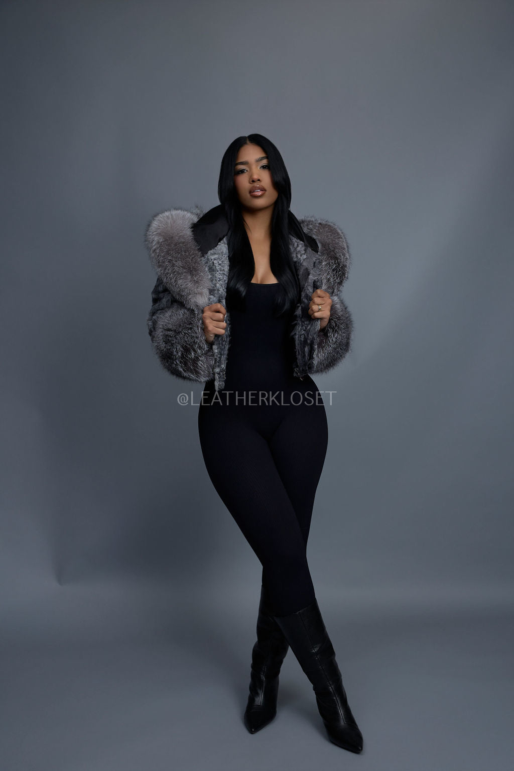 Women's Crop Persian Lamb Cleopatra Bomber With Hood [Grey]