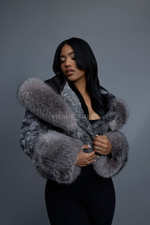 Women's Crop Persian Lamb Cleopatra Bomber With Hood [Grey]