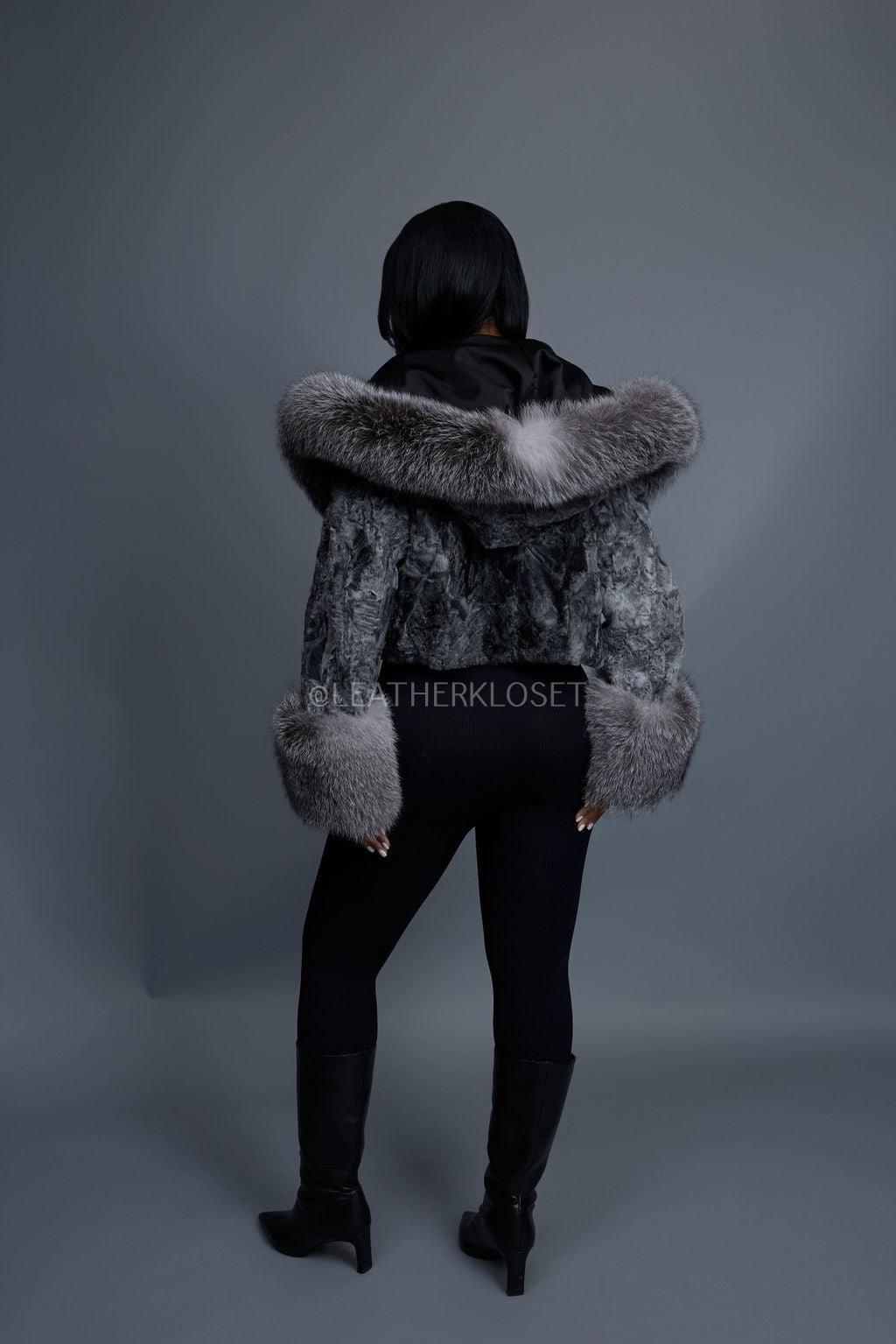 Women's Crop Persian Lamb Cleopatra Bomber With Hood [Grey]