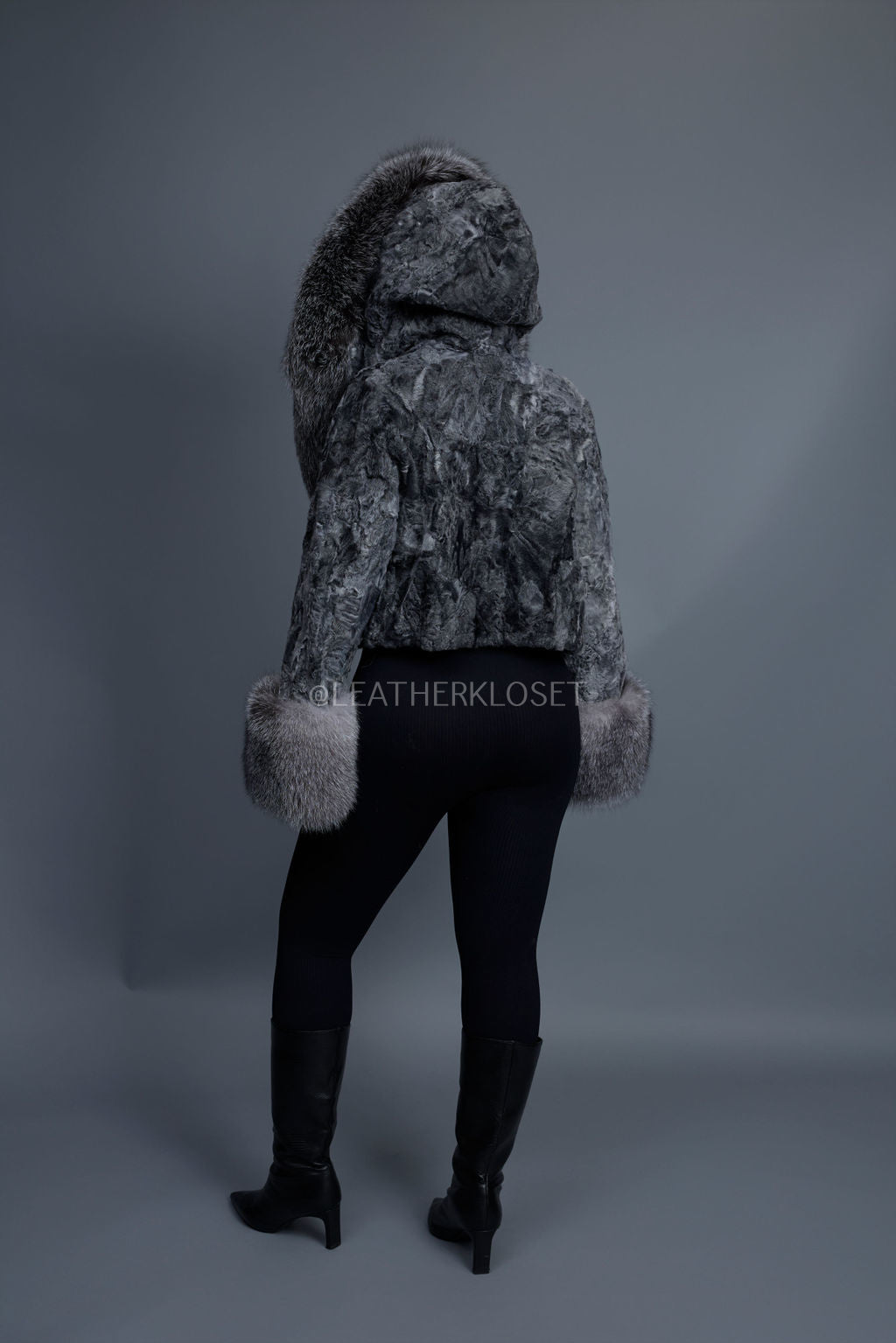 Women's Crop Persian Lamb Cleopatra Bomber With Hood [Grey]