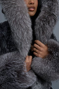 Women's Crop Persian Lamb Cleopatra Bomber With Hood [Grey]