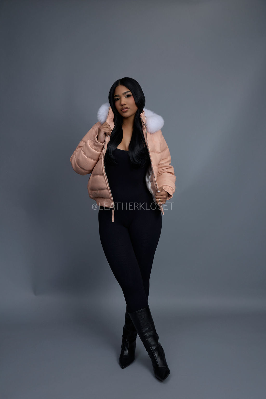 Women's Leather Snorkel Bomber Jacket [Baby Pink]