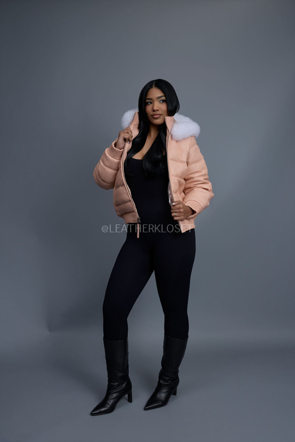 Women's Leather Snorkel Bomber Jacket [Baby Pink]