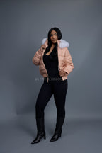 Women's Leather Snorkel Bomber Jacket [Baby Pink]
