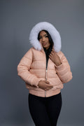 Women's Leather Snorkel Bomber Jacket [Baby Pink]