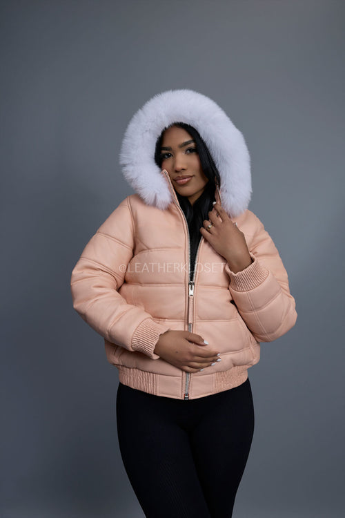 Women's Leather Snorkel Bomber Jacket [Baby Pink]