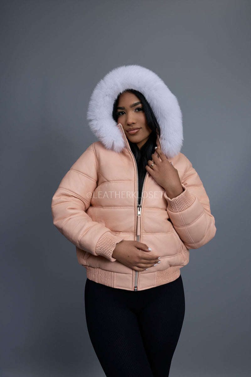 Women's Leather Snorkel Bomber Jacket [Baby Pink]