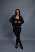 Women's Leather Snorkel Bomber Jacket [Black/Silver Fox]