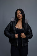 Women's Leather Snorkel Bomber Jacket [Black/Silver Fox]